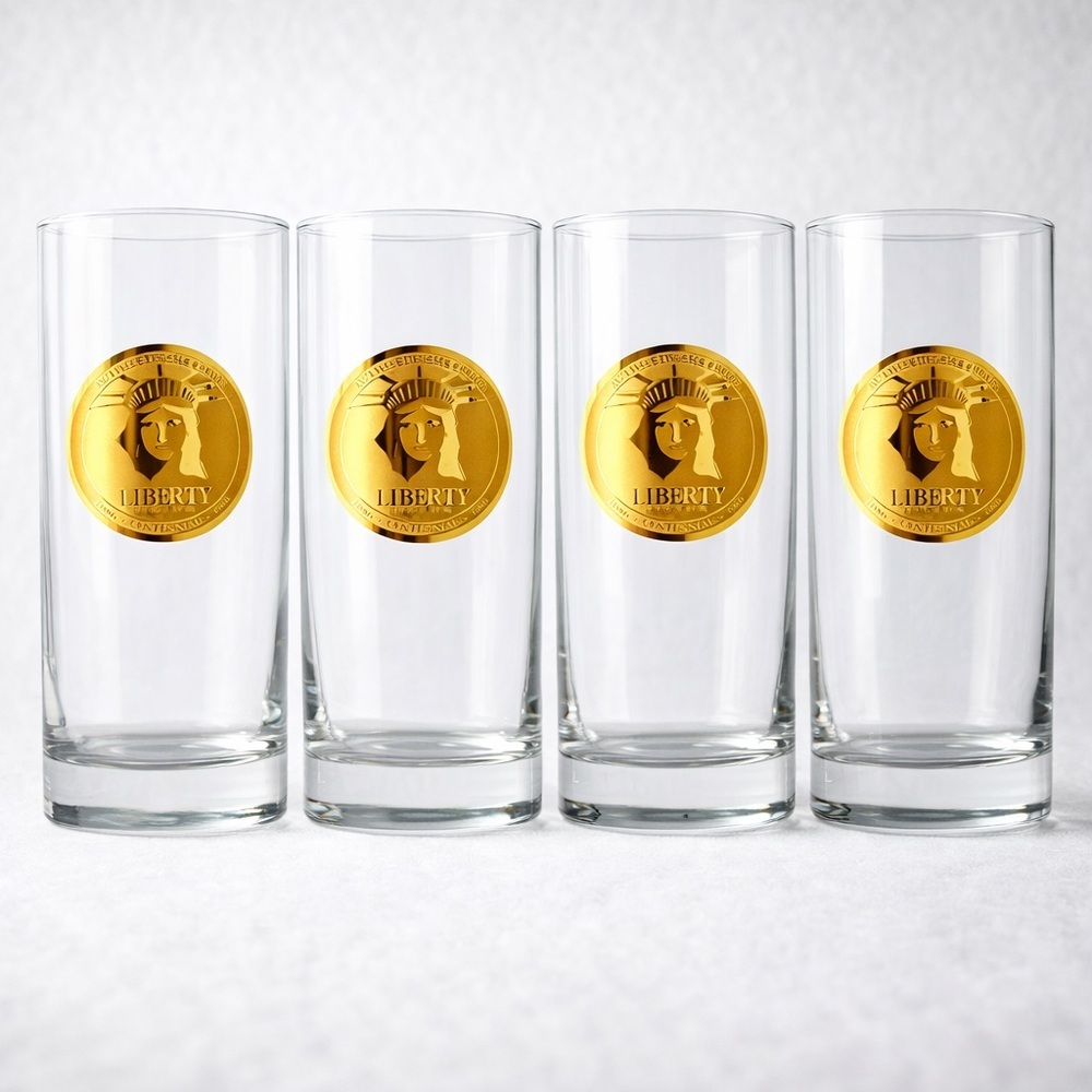 Statue Of Liberty Centennial Highball Glasses 22K Gold Medallion Vtg 1986 4 Pcs - Picture 3 of 7
